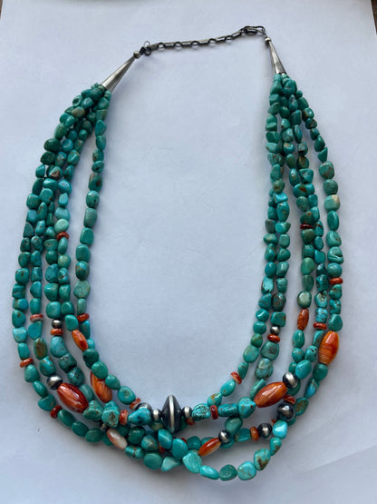 Navajo Turquoise & Sterling Silver 5 Strand Beaded Necklace