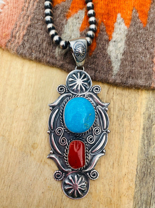 Navajo Sterling Silver, Kingman Turquoise & Coral Pendant Signed