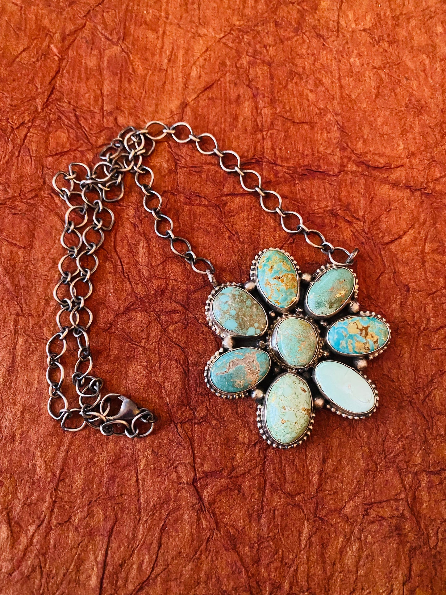 Navajo Sterling Silver & Carico Lake Turquoise Cluster Necklace