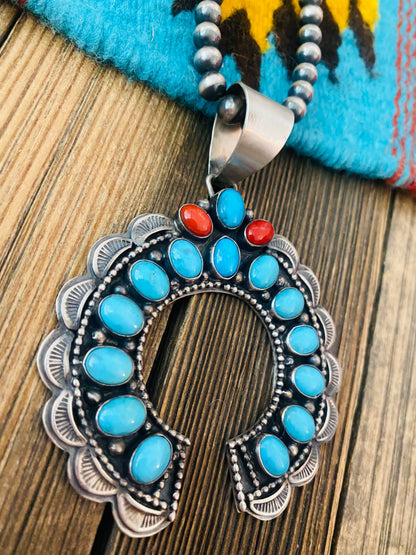 Navajo Sterling Silver, Sleeping Beauty Turquoise & Coral Naja Pendant