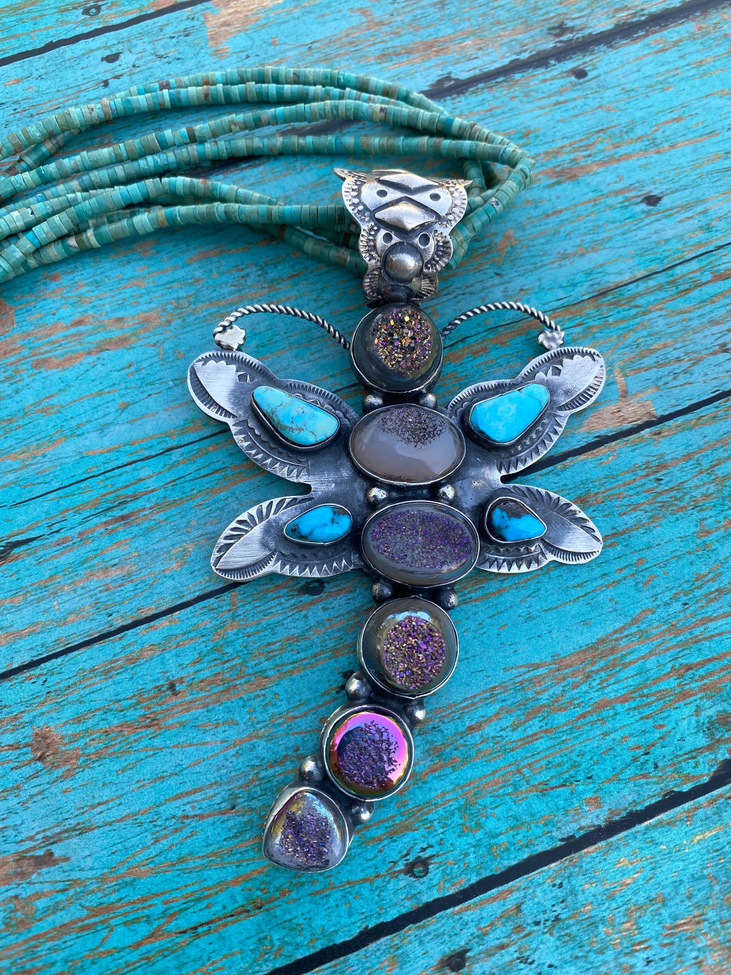 Shawn Cayatenito Sterling Silver Kingman Turquoise & Druzy Dragonfly Pendant