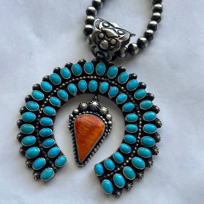 Navajo Sterling Silver, Turquoise & Orange Spiny Naja Pendant Signed