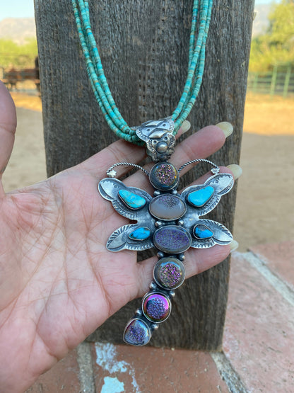 Shawn Cayatenito Sterling Silver Kingman Turquoise & Druzy Dragonfly Pendant