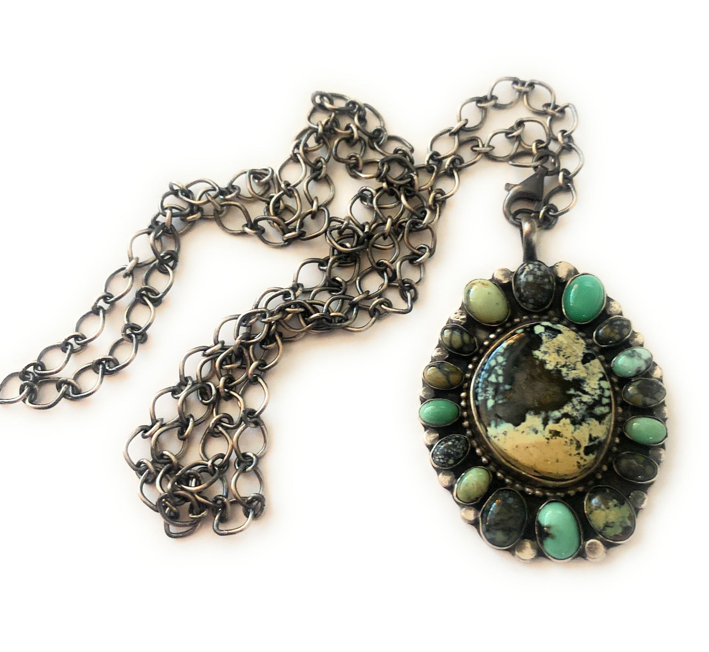 Navajo Sterling Silver & Tibetan Turquoise Cluster Necklace