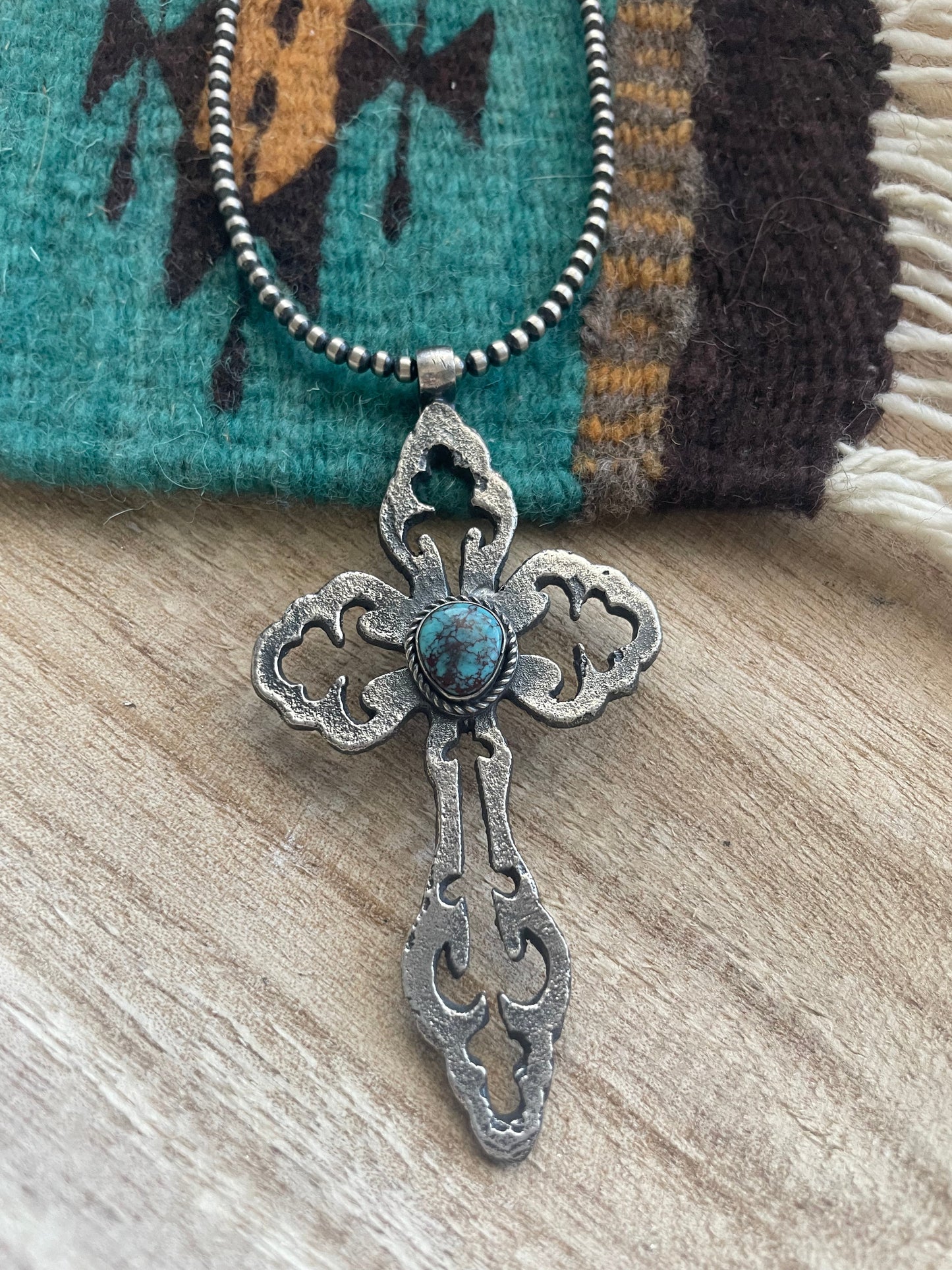 Navajo Sterling Silver & Turquoise Cross Pendant Signed Eugene Mitchell