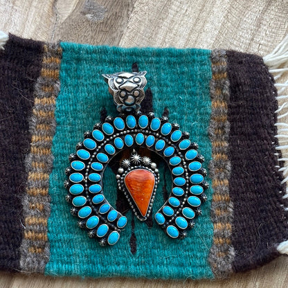 Navajo Sterling Silver, Turquoise & Orange Spiny Naja Pendant Signed