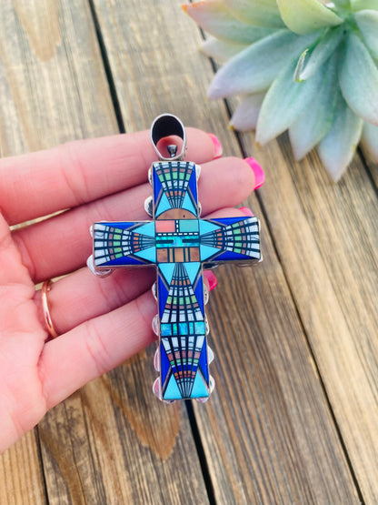 Navajo Multi Stone And Sterling Silver Two Sided Inlay Cross Pendant