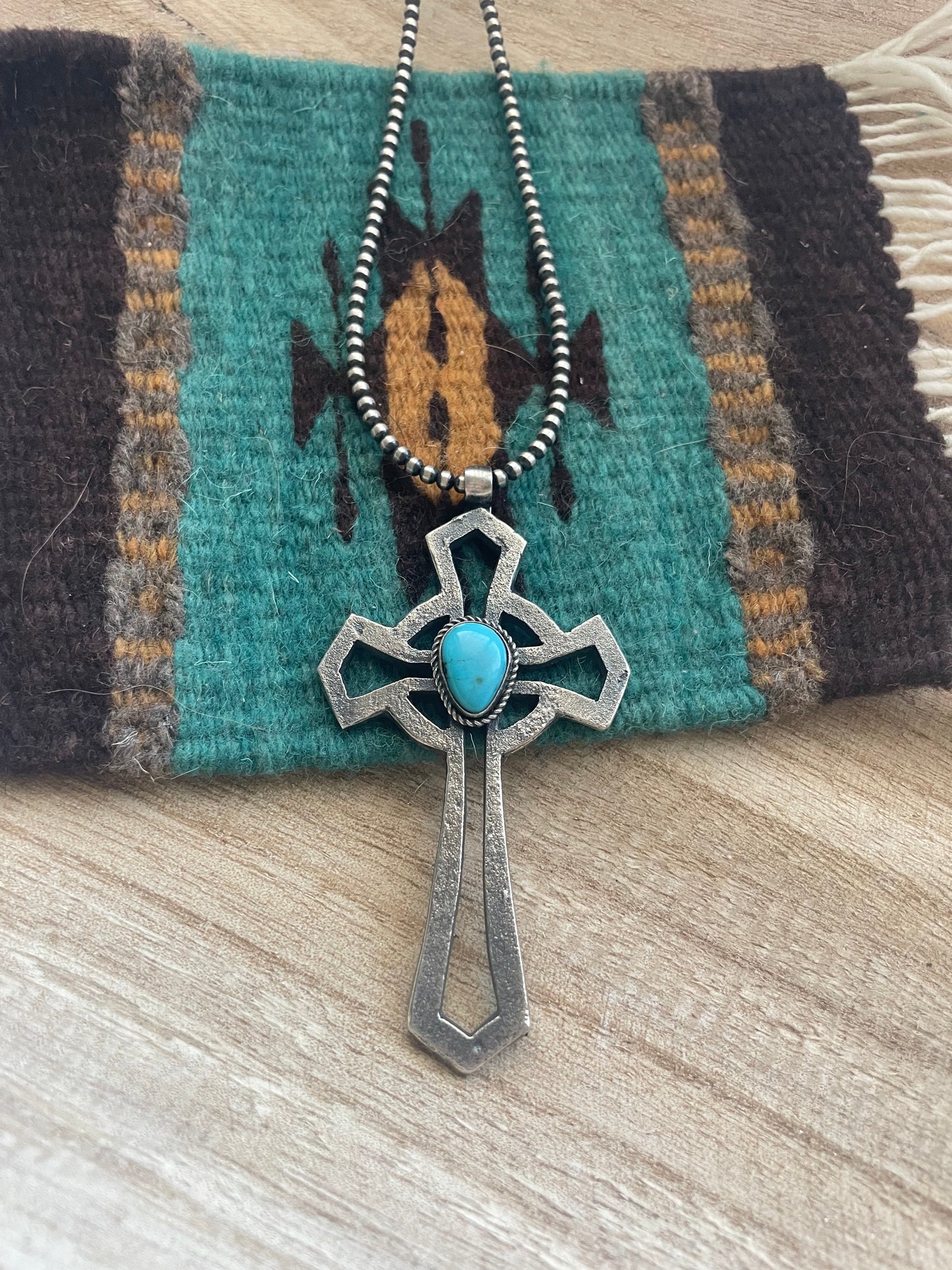 Navajo Sterling Silver & Turquoise Cross Pendant Signed Eugene Mitchell