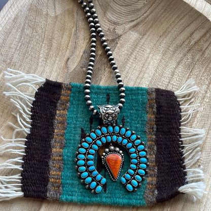 Navajo Sterling Silver, Turquoise & Orange Spiny Naja Pendant Signed