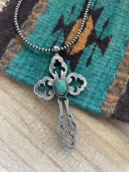 Navajo Sterling Silver & Turquoise Cross Pendant Signed Eugene Mitchell