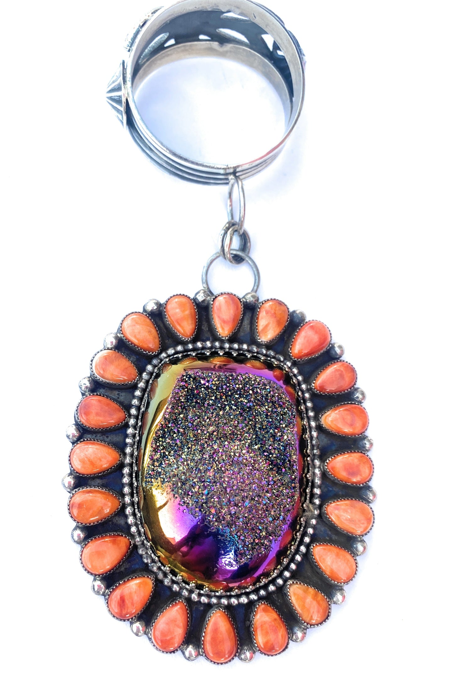 Navajo Sterling Silver, Druzy & Orange Spiny Cluster Pendant