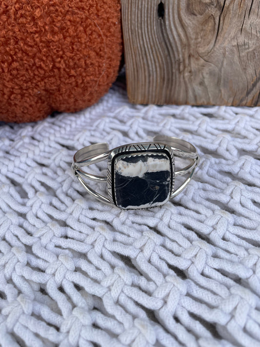 Navajo Sterling Silver And White Buffalo Adjustable Cuff Bracelet