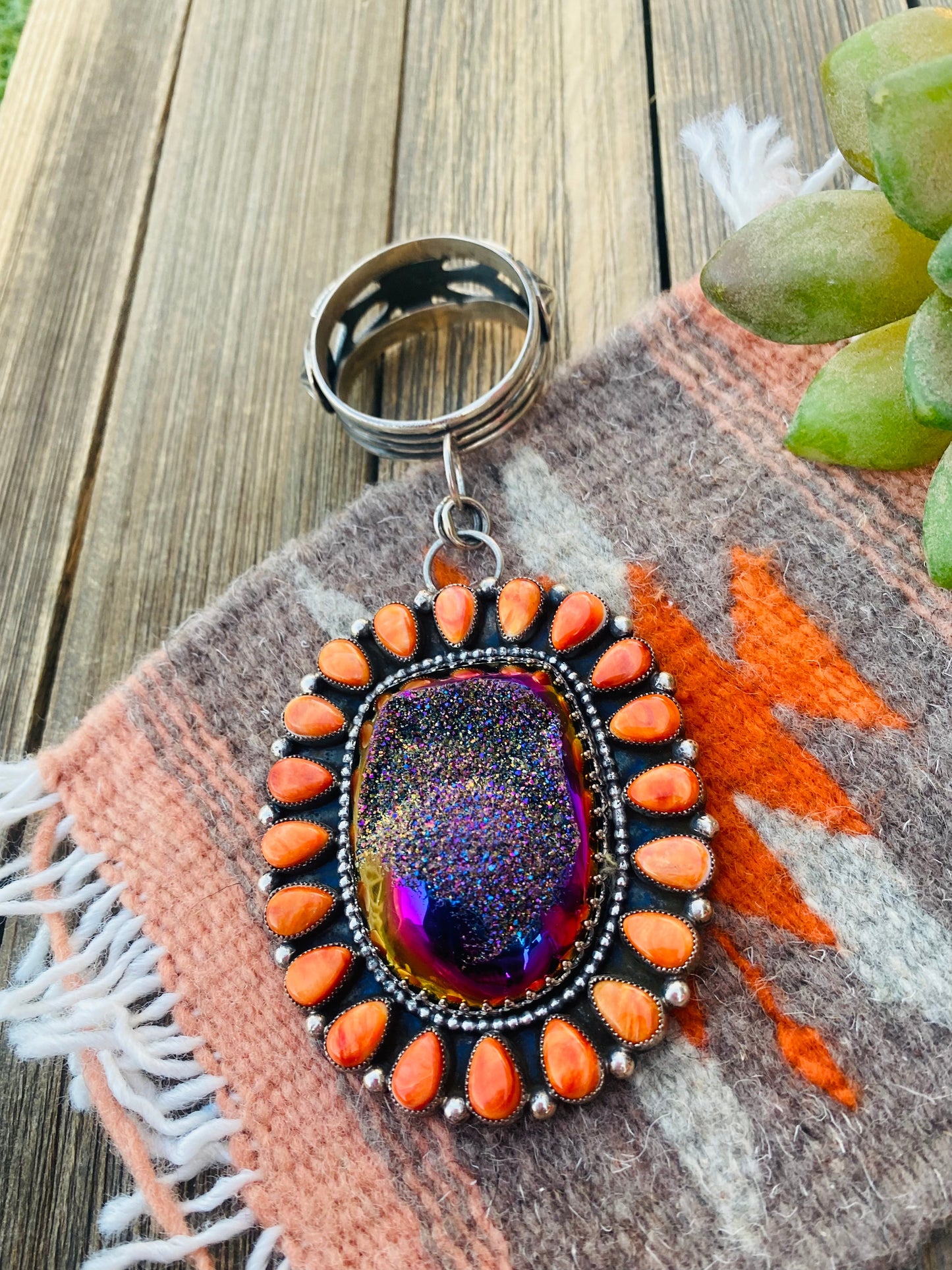 Navajo Sterling Silver, Druzy & Orange Spiny Cluster Pendant