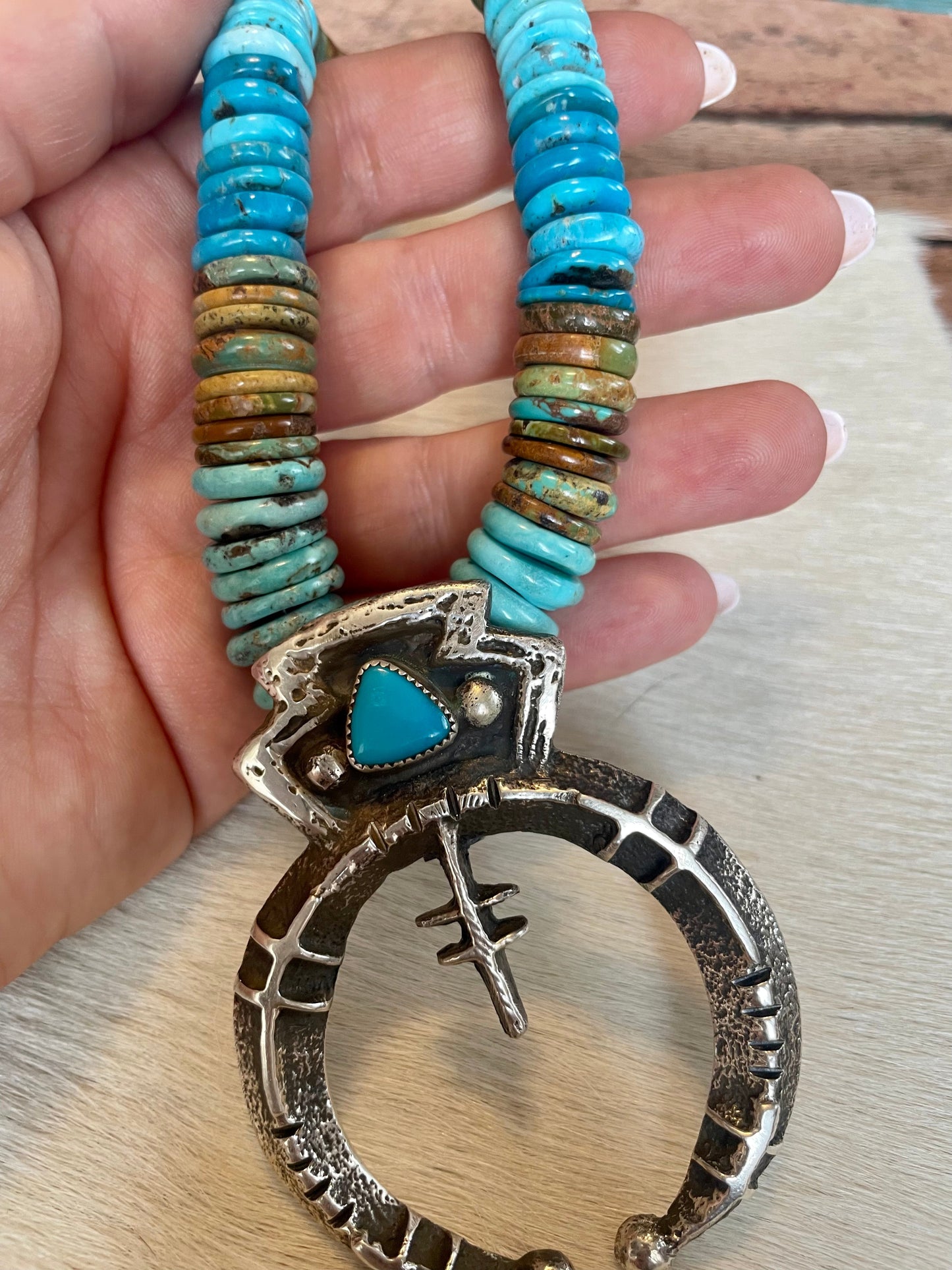 Navajo Kingman Turquoise And Sterling Silver Beaded Naja Adjustable Necklace