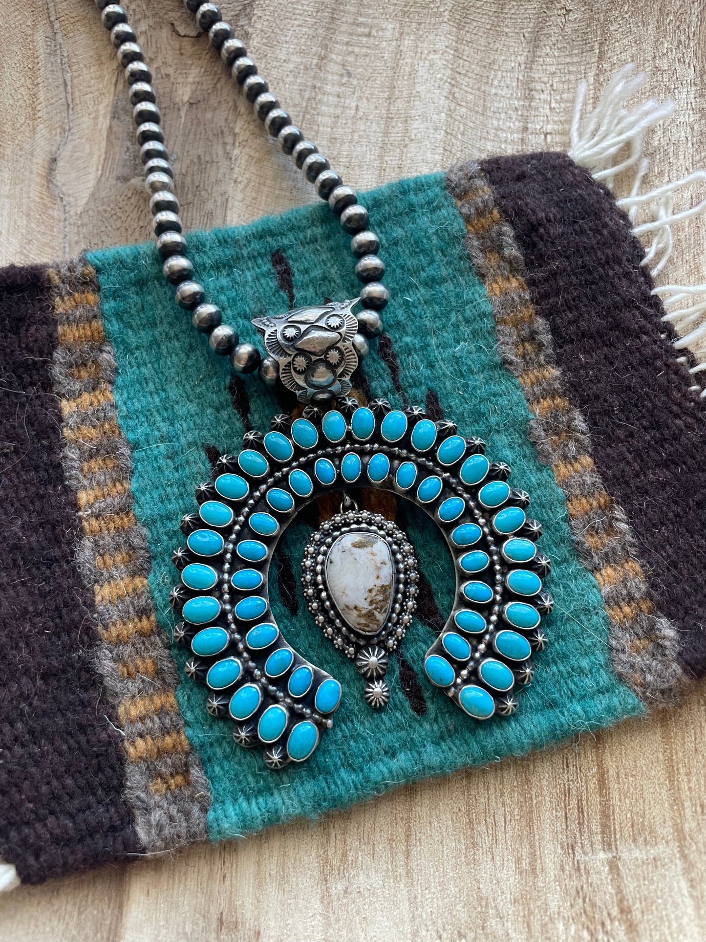 Navajo Sterling Silver, Turquoise & White Buffalo Naja Pendant Signed