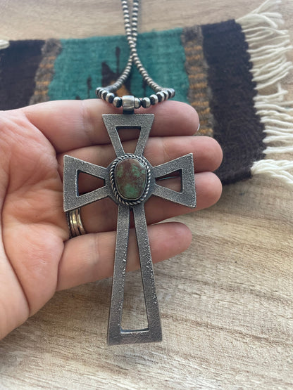 Navajo Sterling Silver & Turquoise Cross Pendant Signed Eugene Mitchell