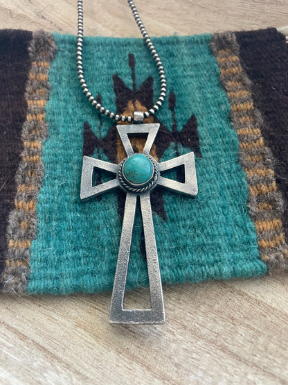 Navajo Sterling Silver & Turquoise Cross Pendant Signed Eugene Mitchell