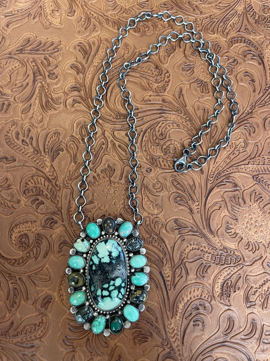 Navajo Royston & Calico Turquoise & Sterling Silver Cluster Necklace Signed & Stamped