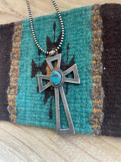 Navajo Sterling Silver & Turquoise Cross Pendant Signed Eugene Mitchell