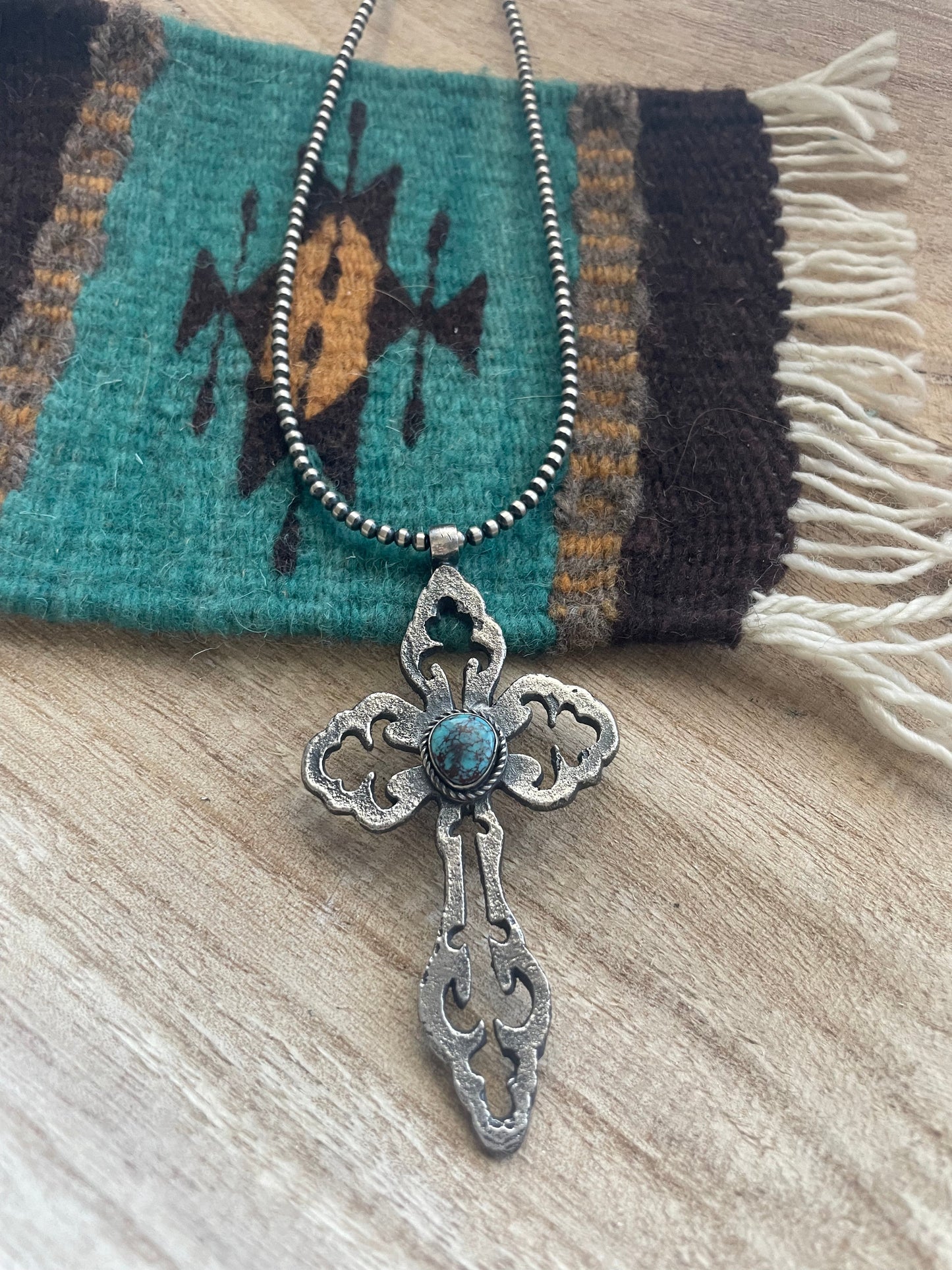 Navajo Sterling Silver & Turquoise Cross Pendant Signed Eugene Mitchell