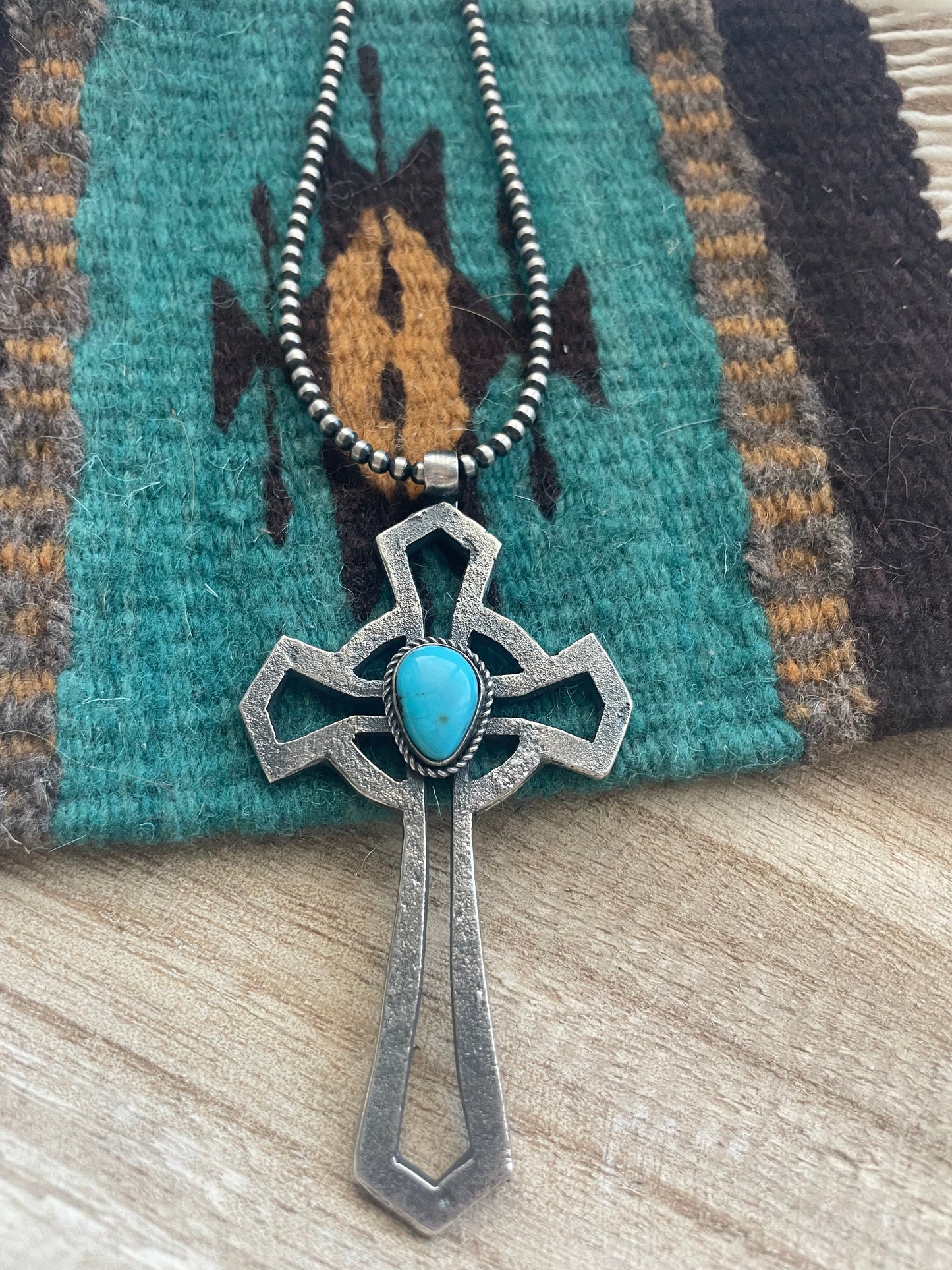 Navajo Sterling Silver & Turquoise Cross Pendant Signed Eugene Mitchell