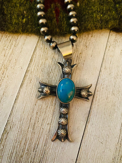 Navajo Sterling Silver & Turquoise Cross Pendant By Chimney Butte