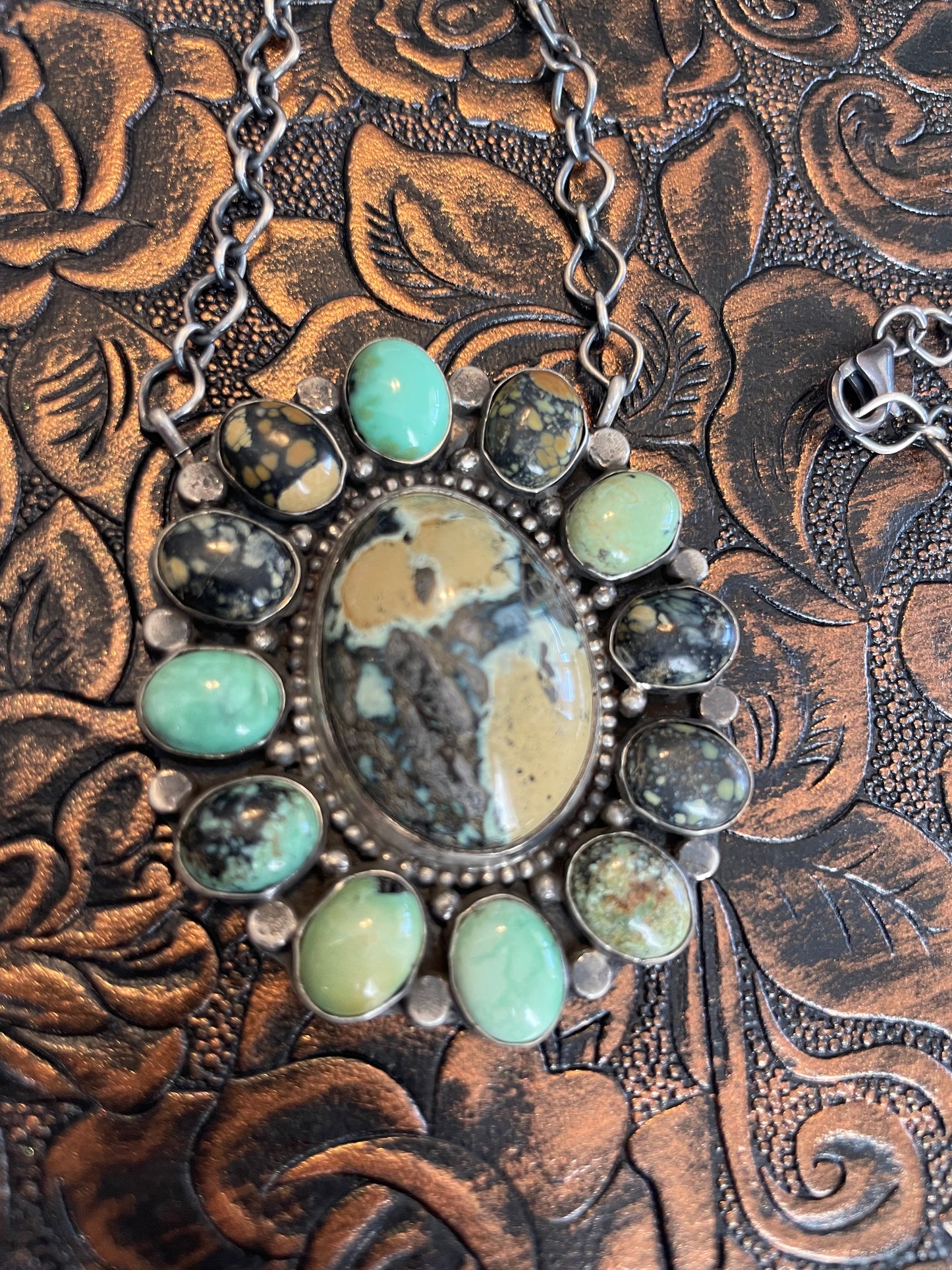 Navajo Royston & Calico Turquoise & Sterling Silver Cluster Necklace Signed & Stamped