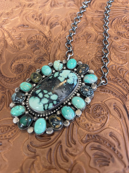 Navajo Royston & Calico Turquoise & Sterling Silver Cluster Necklace Signed & Stamped