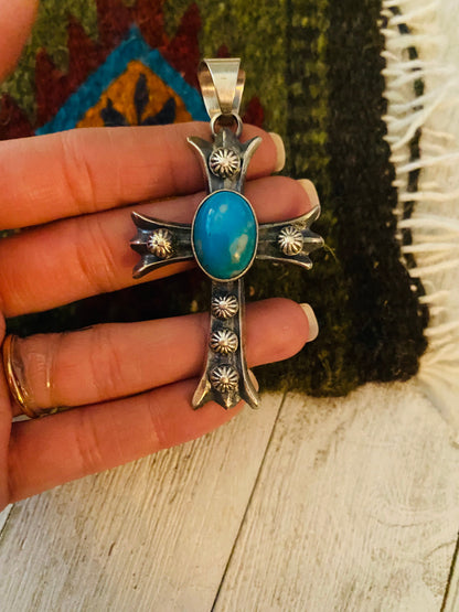 Navajo Sterling Silver & Turquoise Cross Pendant By Chimney Butte