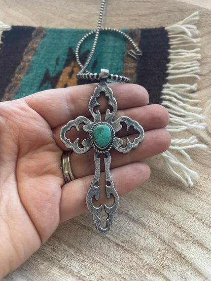 Navajo Sterling Silver & Turquoise Cross Pendant Signed Eugene Mitchell