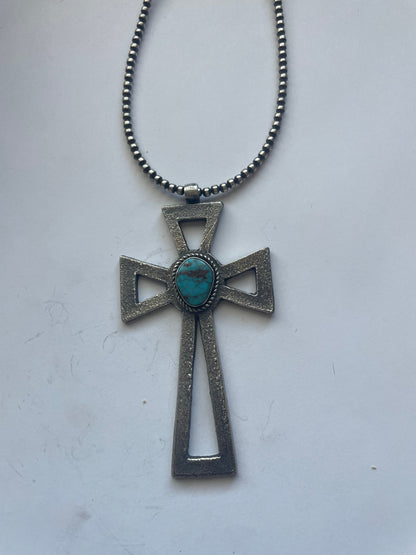 Navajo Sterling Silver & Turquoise Cross Pendant Signed Eugene Mitchell