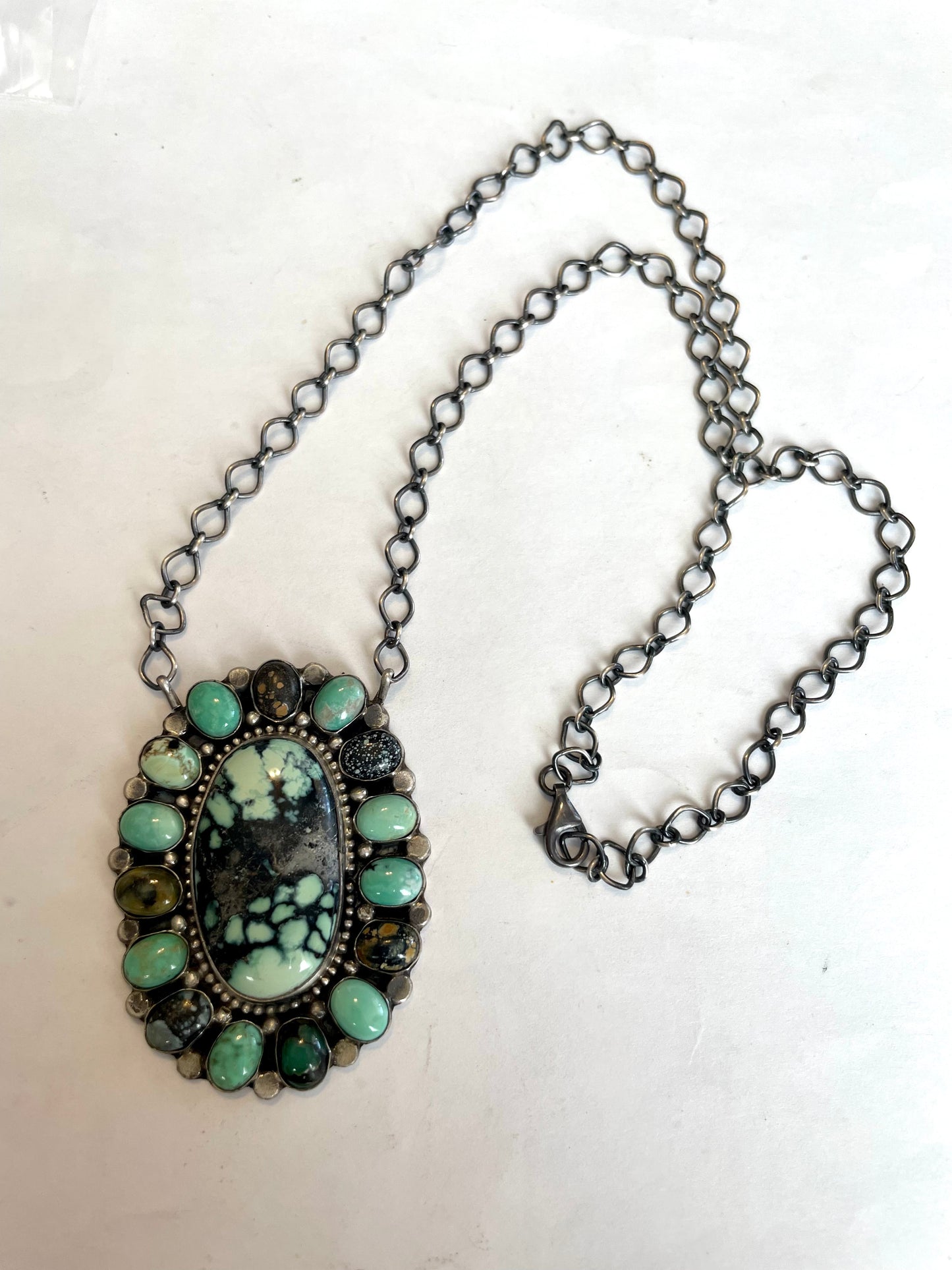 Navajo Royston & Calico Turquoise & Sterling Silver Cluster Necklace Signed & Stamped