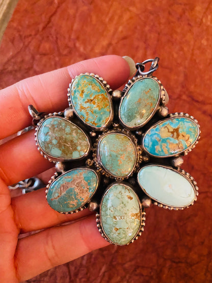 Navajo Sterling Silver & Carico Lake Turquoise Cluster Necklace