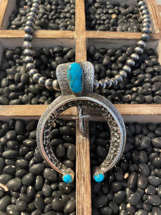 Navajo Turquoise & Sterling Silver Naja Pendant Signed