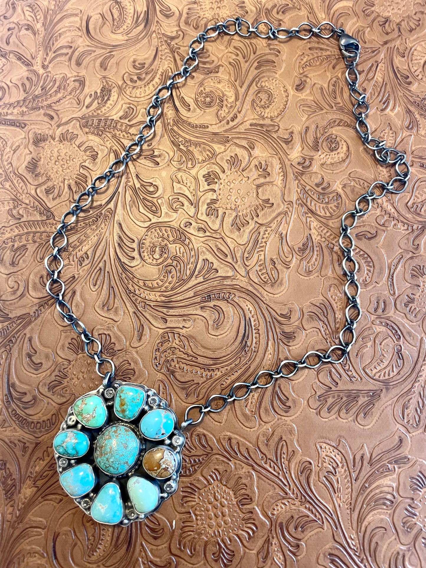 Navajo Carico Lake & Royston Turquoise Cluster Necklace Stamped & Signed