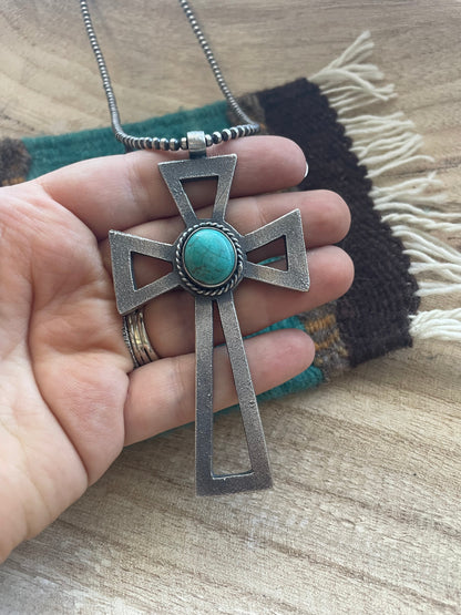 Navajo Sterling Silver & Turquoise Cross Pendant Signed Eugene Mitchell