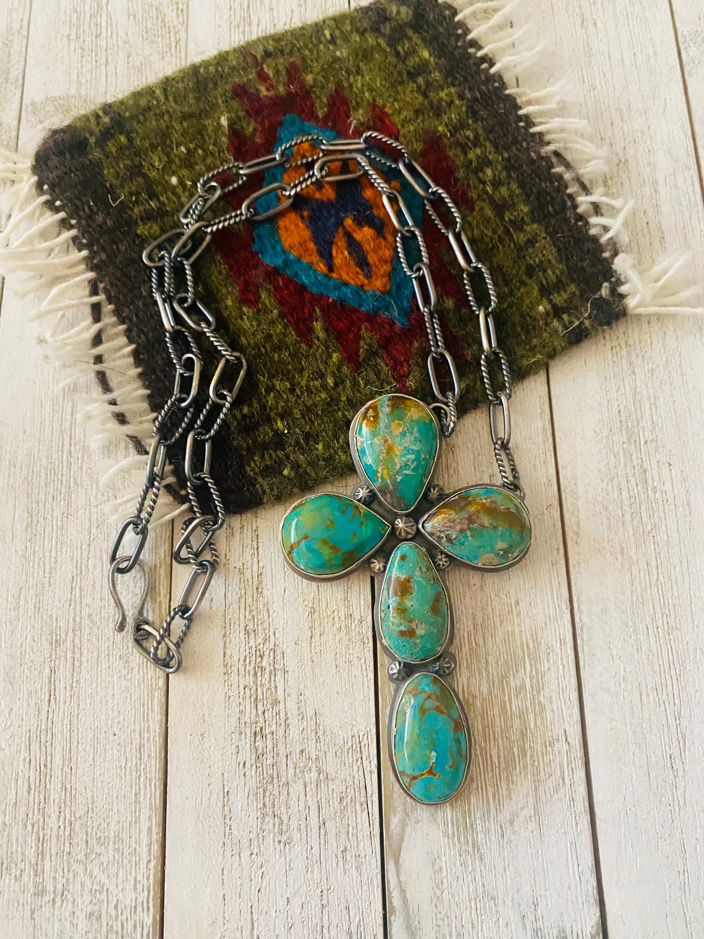 Navajo Royston Turquoise & Sterling Silver Cross Necklace