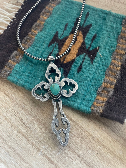 Navajo Sterling Silver & Turquoise Cross Pendant Signed Eugene Mitchell