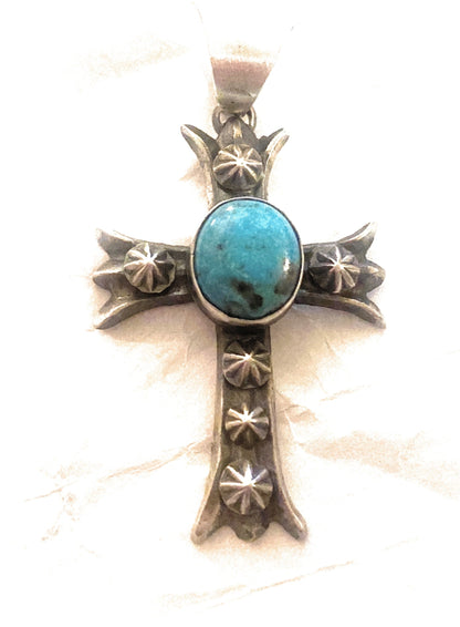 Navajo Sterling Silver & Turquoise Cross Pendant By Chimney Butte