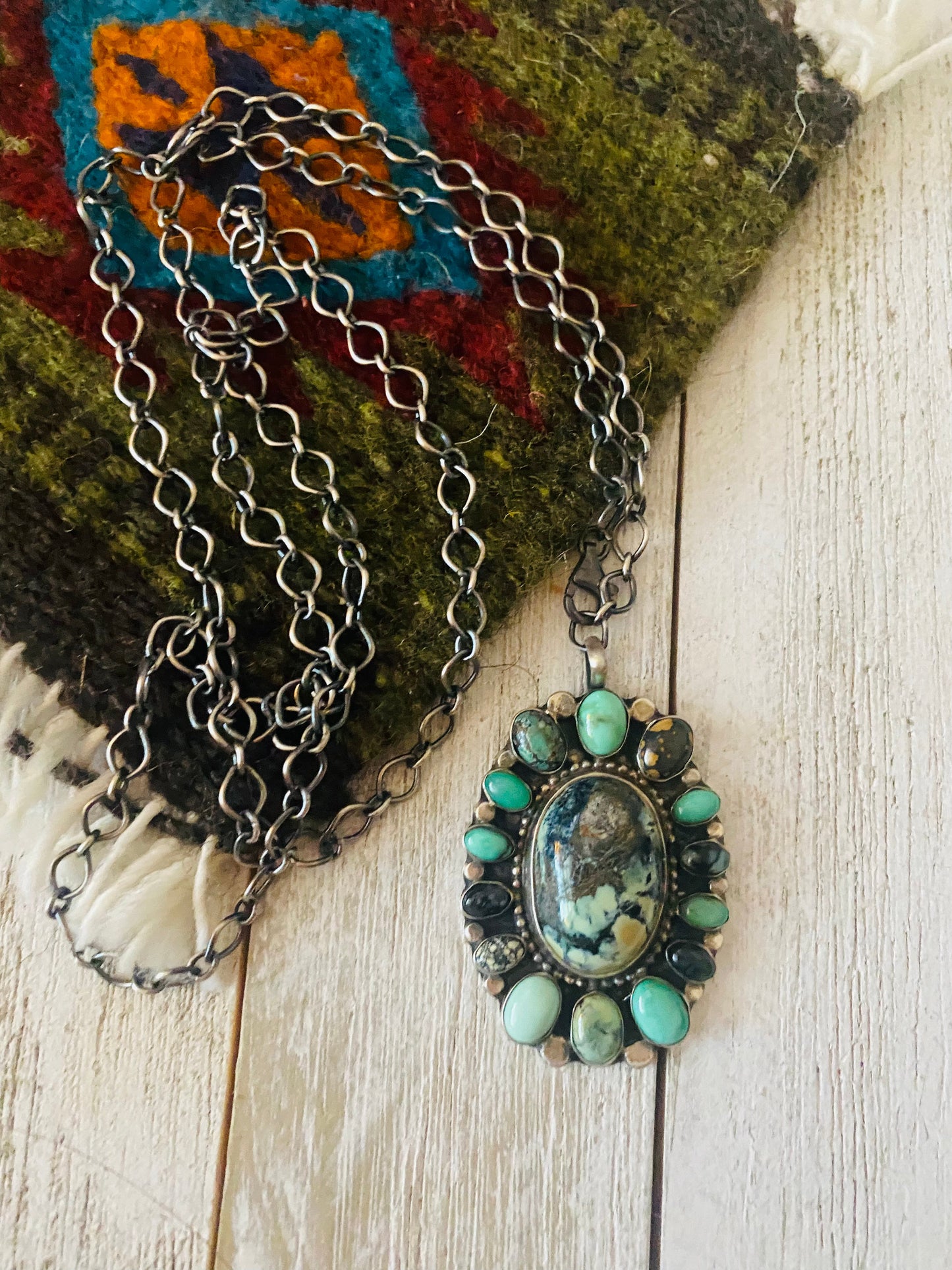 Navajo Sterling Silver & Tibetan Turquoise Cluster Necklace