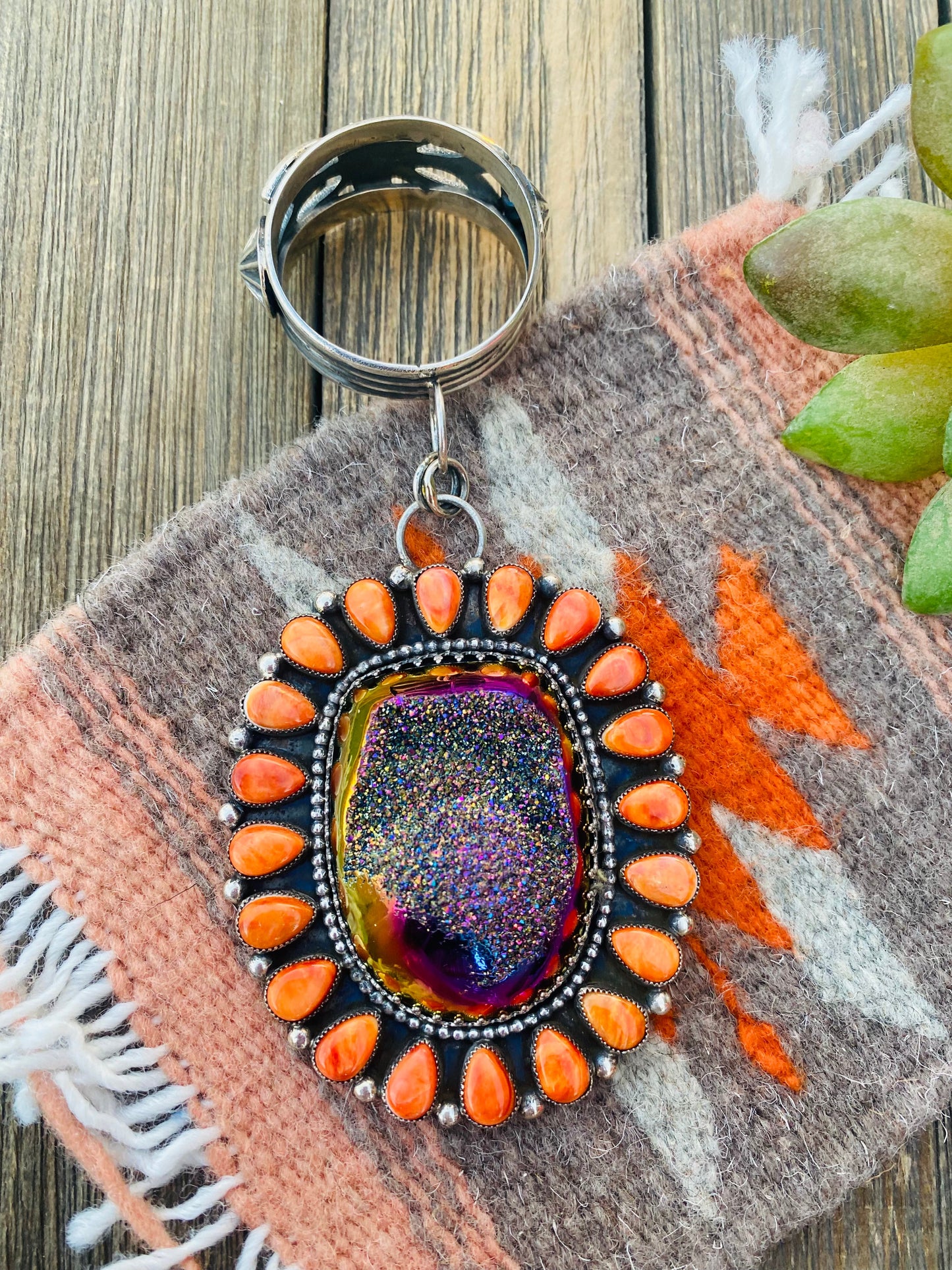 Navajo Sterling Silver, Druzy & Orange Spiny Cluster Pendant