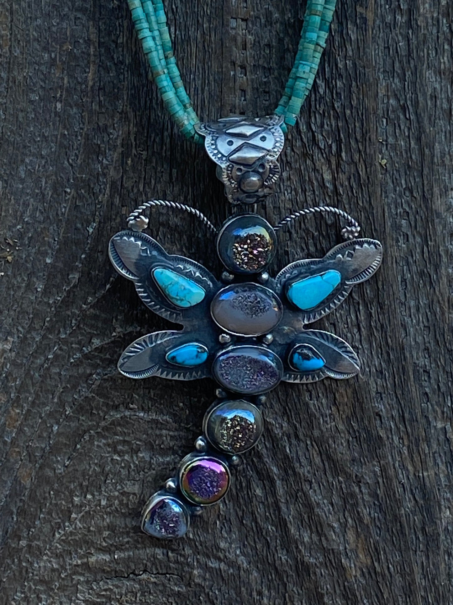 Shawn Cayatenito Sterling Silver Kingman Turquoise & Druzy Dragonfly Pendant