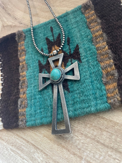 Navajo Sterling Silver & Turquoise Cross Pendant Signed Eugene Mitchell