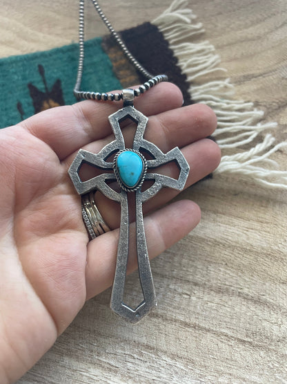 Navajo Sterling Silver & Turquoise Cross Pendant Signed Eugene Mitchell