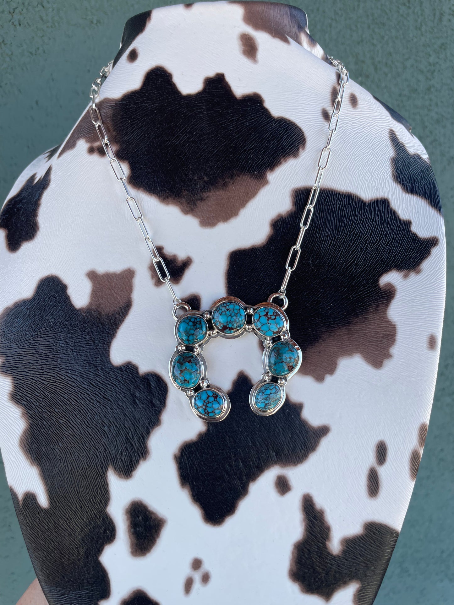 Navajo Sterling Silver & Turquoise Naja Necklace Signed