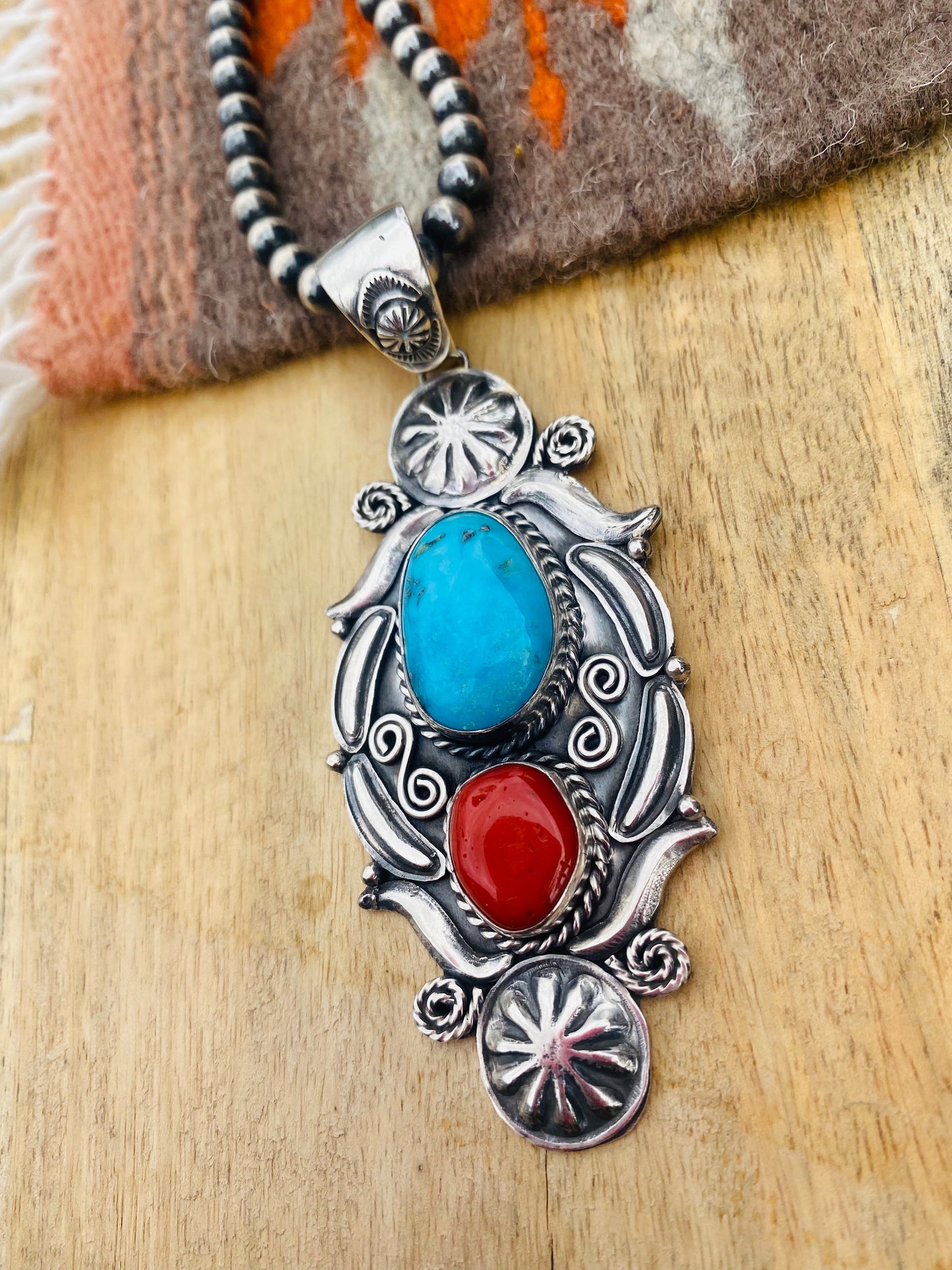 Navajo Sterling Silver, Kingman Turquoise & Coral Pendant Signed