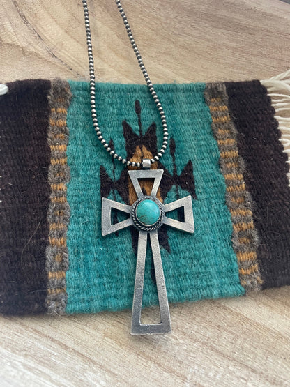 Navajo Sterling Silver & Turquoise Cross Pendant Signed Eugene Mitchell