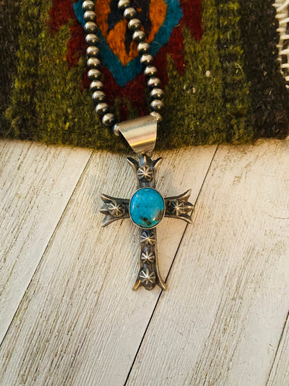 Navajo Sterling Silver & Turquoise Cross Pendant By Chimney Butte