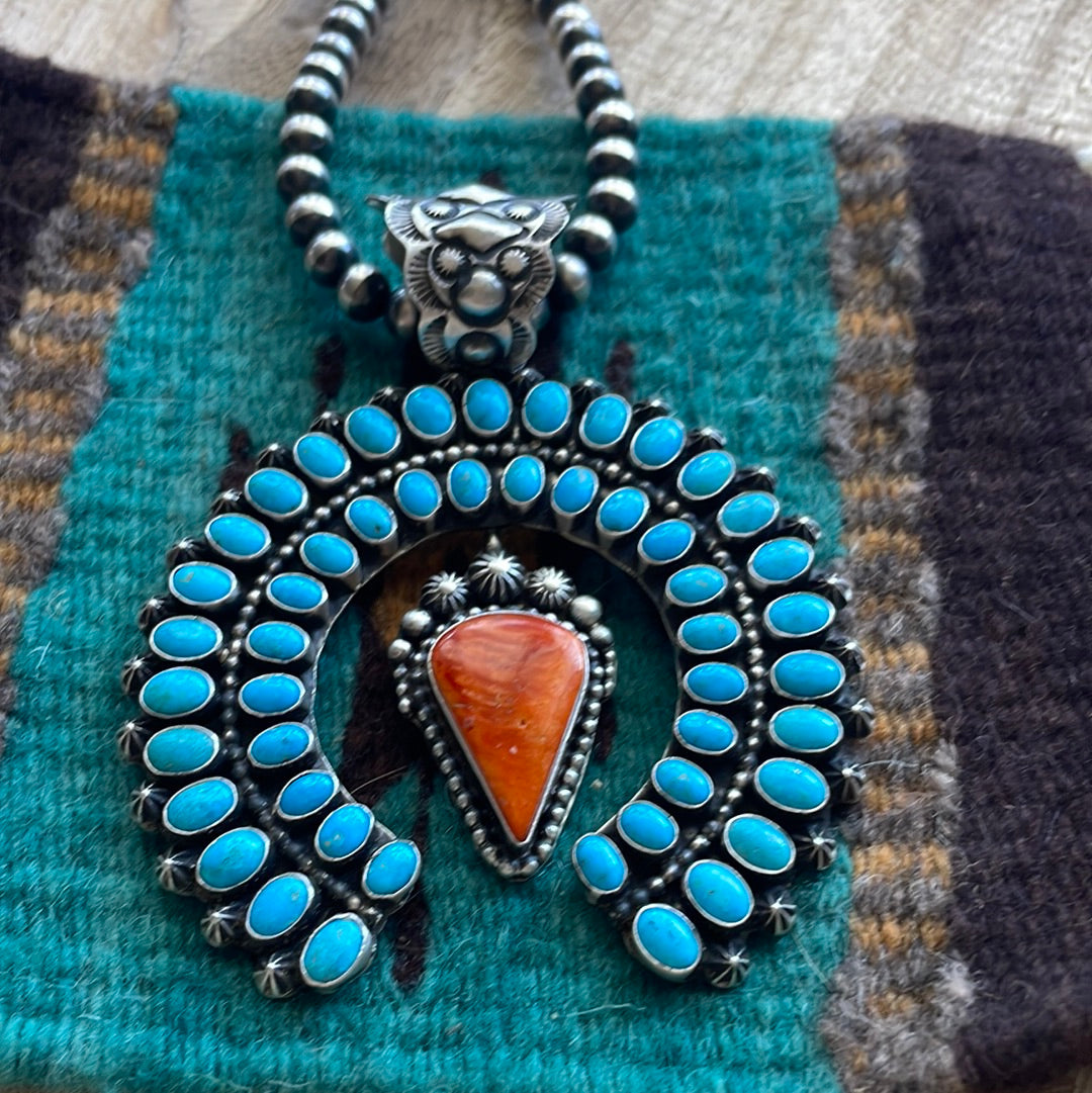 Navajo Sterling Silver, Turquoise & Orange Spiny Naja Pendant Signed