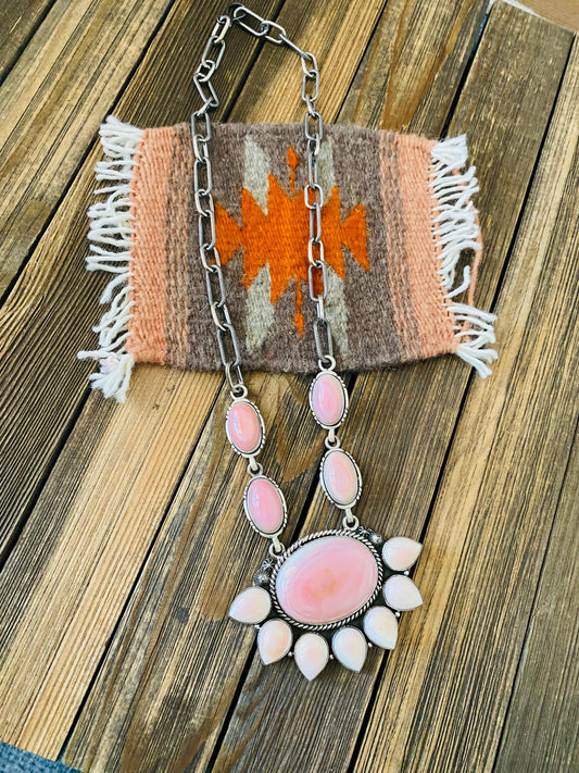 Navajo Queen Pink Conch Shell And Sterling Silver Cluster Necklace